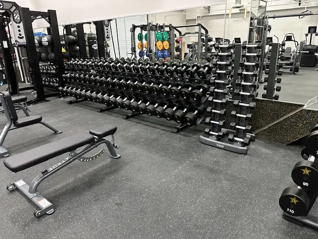 A gym with many different types of dumbbells.
