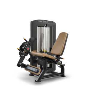 Leg press machine with brown seat padding.