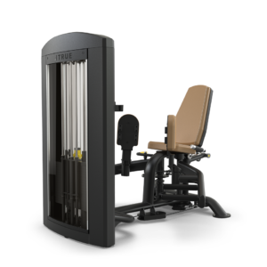 Leg press machine with brown seat.