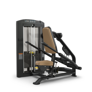 Chest press machine with tan seat cushion.