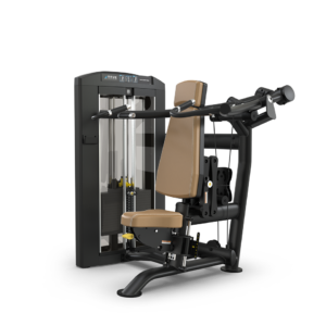 Chest press machine with brown seat.