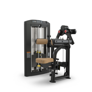 Seated bicep curl gym machine, black and brown.
