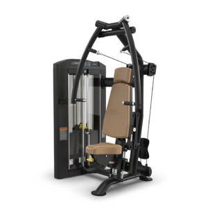 Gym chest press machine with brown seat.