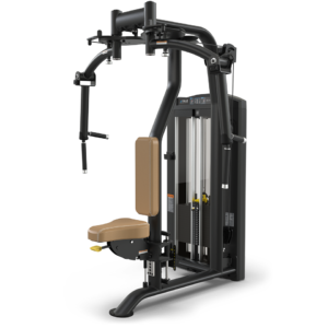 Gym weight machine with brown seat.