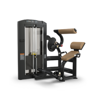 Seated leg curl gym machine, black and brown.