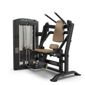 Seated chest press gym machine, black and brown.