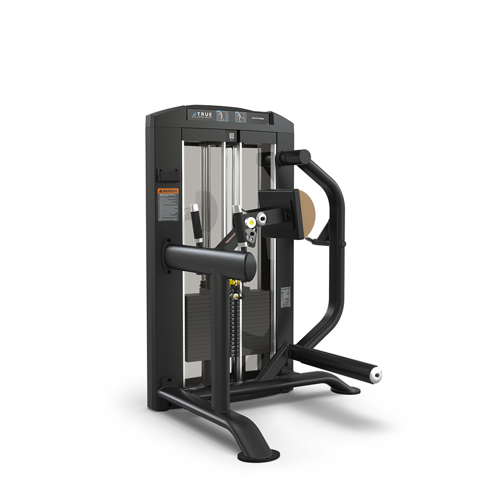 Black seated row exercise machine, gym equipment.