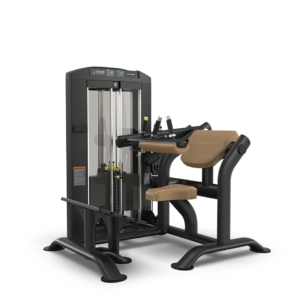 Seated preacher curl machine for arm exercises.