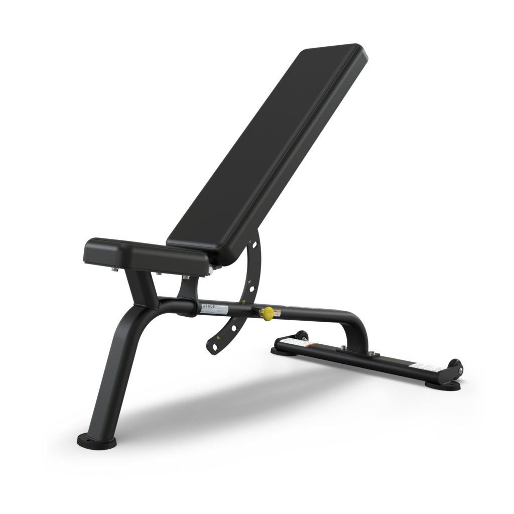 Adjustable black exercise bench on white background.