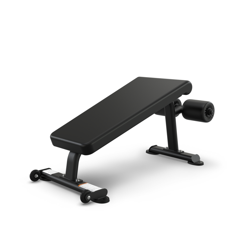 Black adjustable weight bench with leg support.