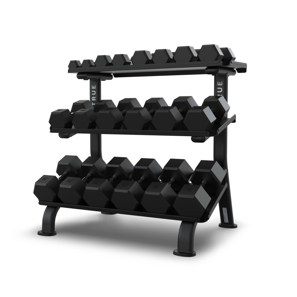 Black dumbbells on a three-tier rack.