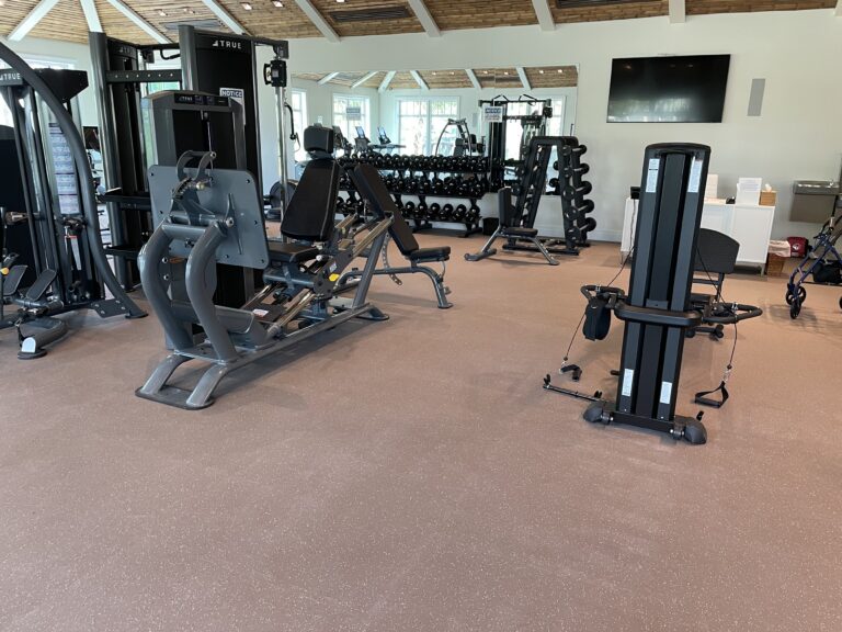 Gym with exercise machines and free weights.