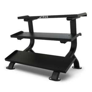 Black two-tier dumbbell storage rack.