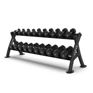 Dumbbell rack with multiple black dumbbells.