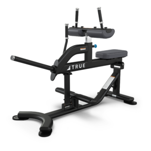 Seated leg curl gym machine, angled view.