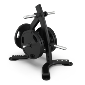 Weight rack with plates and pegs.