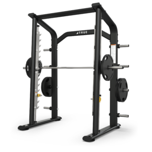 Smith machine with weight plates attached.