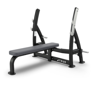 Weight bench with barbell rack, black design.