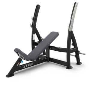 Incline weight bench with barbell rack.