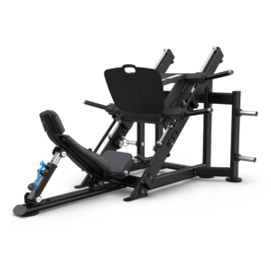 Leg press machine with adjustable seat and weights.