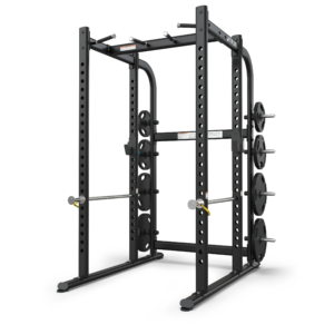 Black power rack with weight plates attached.