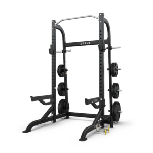 Black squat rack with weight plates attached.