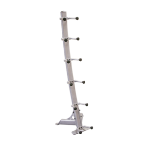 Weight plate storage rack with multiple pegs.