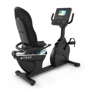 Recumbent exercise bike with digital display.