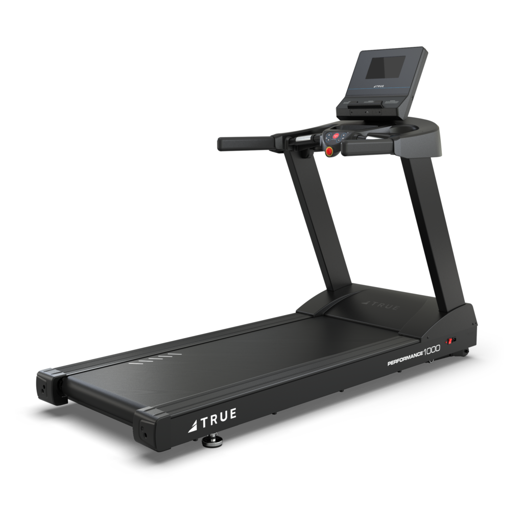 Black treadmill with digital display.