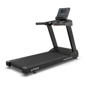 Black treadmill with digital display screen.