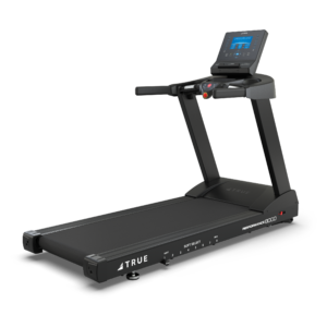 Black treadmill with digital display screen.