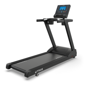 Treadmill with digital display and black frame.