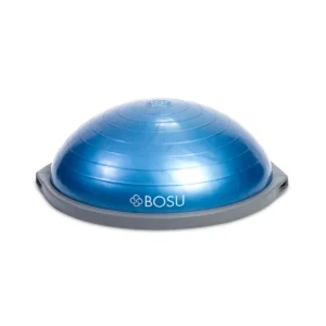 Blue BOSU balance trainer on white background.