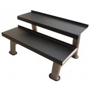 Two-tier black spa steps with rails.