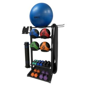 Fitness equipment rack with weights and balls.
