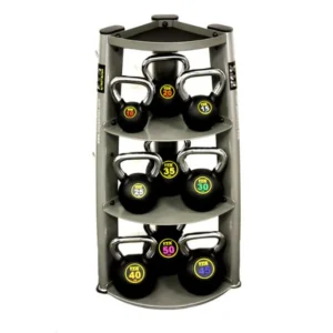 Kettlebell set on a three-tier rack.
