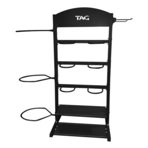 Black metal bike storage rack with shelves.